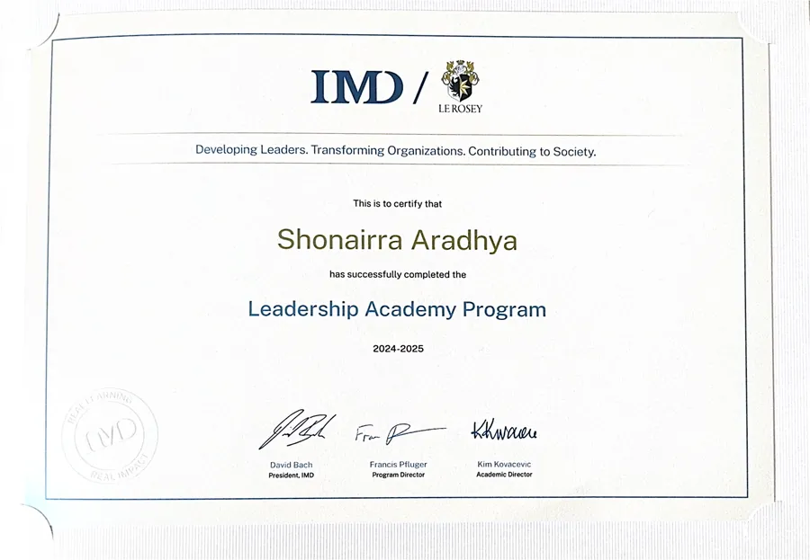 IMD and Le Rosey Leadership Academy Programme certificate, 2024 to 2025, in Shonairra Aradhya&rsquo;s name.